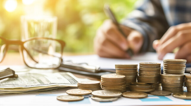 Accountant using calculator with coins and financial report. Finance background - Powered by Adobe