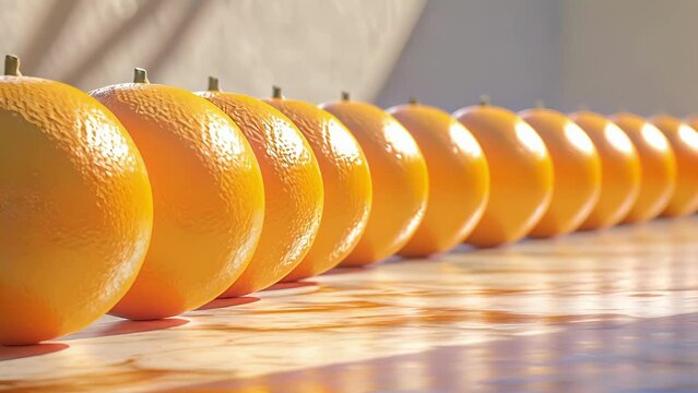 A line of oranges patiently waiting for their turn at the juice bar mixer with one impatient orange trying to in line by squeezing through the others causing a comical domino