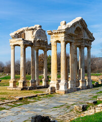 Monumental gateway or tetrapylon preserved to this day in small ancient Greek city of Aphrodisias in historic Caria cultural region, Turkey..