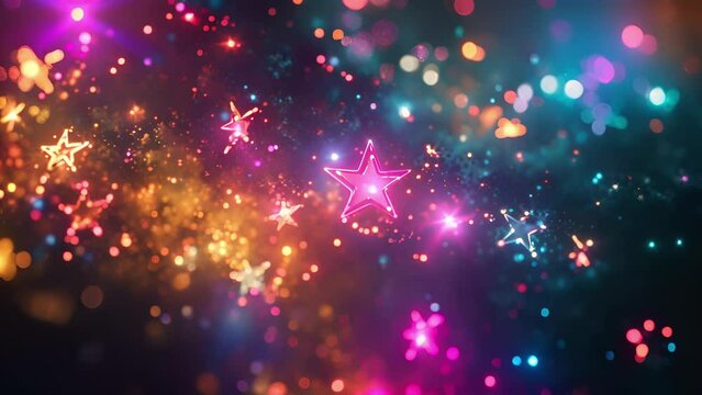A of neoncolored stars shimmering and ling against a dark cosmic backdrop.