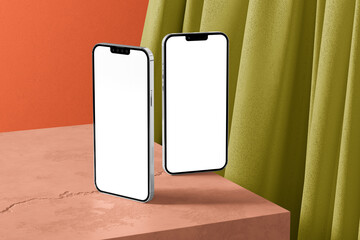 3d render mobile mockup with wall and curtains background