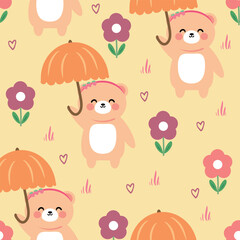 Seamless pattern with cute cartoon bear wearing an umbrella, for fabric print, textile, gift wrapping paper. children's colorful vector, flat style