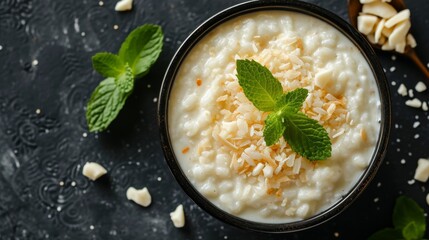 Rice pudding in bowl on dark background