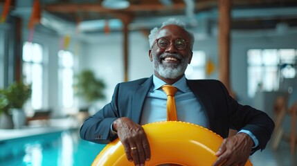 Smiling senior man with an yellow swim ring at a poolside office.
