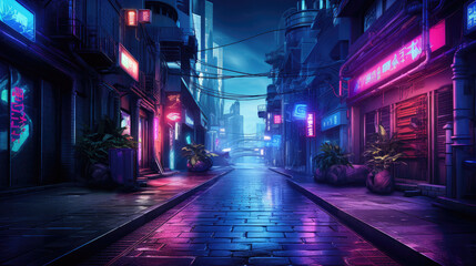 Night in the Future: Alleyway Under Neon Street Lights