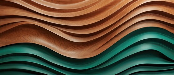 An abstract closeup of intricately detailed, organic brown and turquoise wooden waves, a mesmerizing blend, Ai Generated.