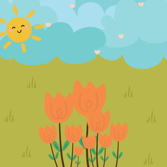 Illustration of kawaii tulips with a beautiful view with cute handwriting. cute flower wallpapers, backgrounds and cards