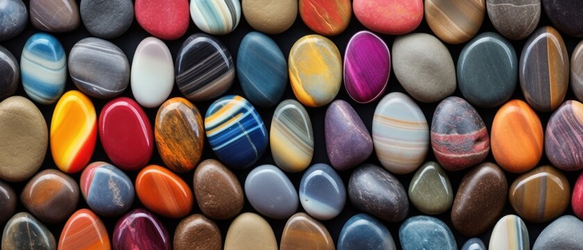 Colorful rocks and pebbles, featuring a spectrum of multicolored and striped variations, Ai Generated