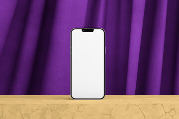 mobile mockup with curtains purple background