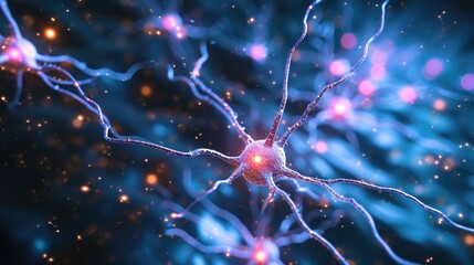 Explore the intricate neural communication through this depiction of active nerve cells and the electrical activity of neuron cells, Ai Generated. - obrazy, fototapety, plakaty