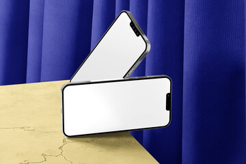 phone mockup with curtains blue background