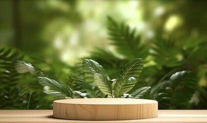 Wooden product display podium with blurred nature leaves background. 3D rendering