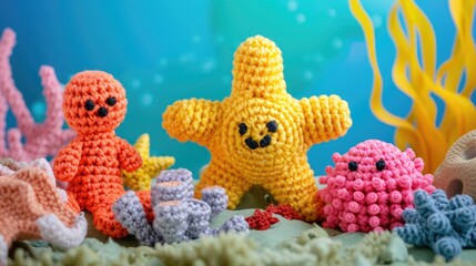 Fototapeta na wymiar Crocheted Marinesponges toy vibrant backdrop, handcrafted and adorable, Ai Generated