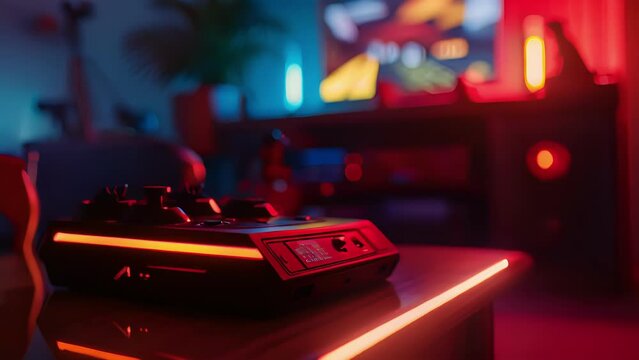 A neon sign of the iconic Atari logo stands tall in the corner representing the golden age of gaming.