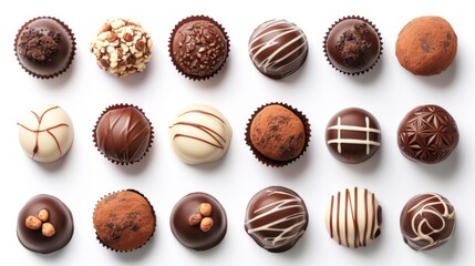 Set icons various chocolate pralines on white background.