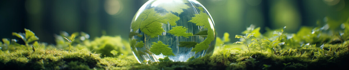 Glass globe on green moss in nature concept for environment and conservation - Powered by Adobe