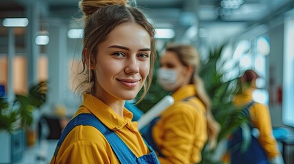 A young woman in a yellow and blue uniform with a friendly smile in an indoor office setting.