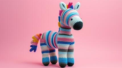 Obraz na płótnie Canvas Crocheted zebra toy vibrant backdrop, handcrafted and adorable, Ai Generated