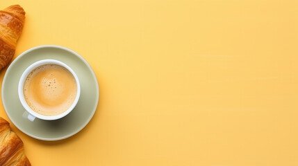 Soothing Mornings: Aerial View of a Minimalistic Coffee-Croissant Combo - obrazy, fototapety, plakaty