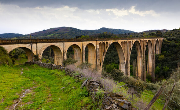 Picturesque view of old railway Guadalupe Viaduct, Extremadura, Spain