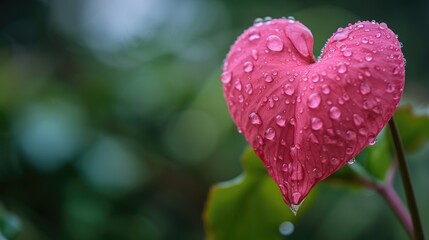 Behold a lovely pink heart-shaped flower adorned with delicate raindrops, a nature's romantic tableau. Ai Generated.