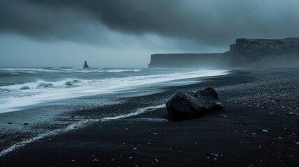 Discover the beauty in nature's drama with a dark and stormy shore, where elegant stones grace the black beach. Nature's artistry. Ai Generated.