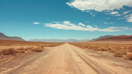 Fototapeta na wymiar Venture down a remote dirt road, cutting through the barren vastness of the desert landscape. Ai Generated.