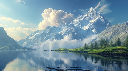 Immerse yourself in the beauty of a picturesque mountain and lake landscape, a serene and scenic backdrop. Ai Generated.