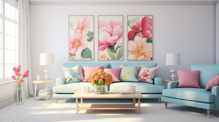 Contemporary Spring Haven: Floral and Pastel Living Room Elegance