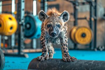 Hyena Cub in Gym Setting. Created with Generative AI - obrazy, fototapety, plakaty