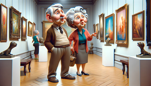 Elderly Couple Enjoying Art Gallery. Generative AI