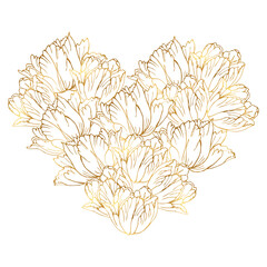 Line art golden spring tulips flower hearts background, hand drawn floral elements for Valentines day. Vector illustrations for card or invitations, coloring book