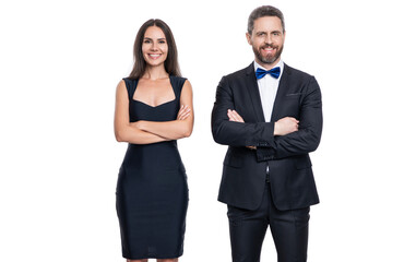 Romantic love. Valentines day. Elegantly dressed couple. Formal man and woman. Couple is posing. Elegant couple in formal clothes isolated on white. Woman and man at occasion date. Chic couple