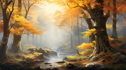 Poster Im Rahmen Fantasy landscape with autumn forest and river, 3d render illustration © Iman