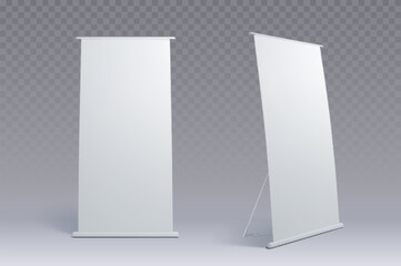 Advertising and promo white empty information booth stand or roll up board. Realistic vector illustration set of blank portable vertical pullup info banner mockup for ad and product presentation.