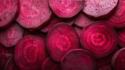 Top shot of beetroot slices' textures in a beetroot slice heap backdrop, big space, Generative AI.