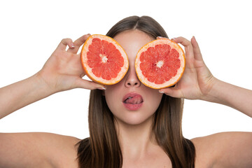 Woman fill skin with vitamin. Skincare and diet. Young girl has clean skin. Healthy lifestyle. Skin of beauty woman isolated on white. Beauty woman with grapefruit. Boosts collagen