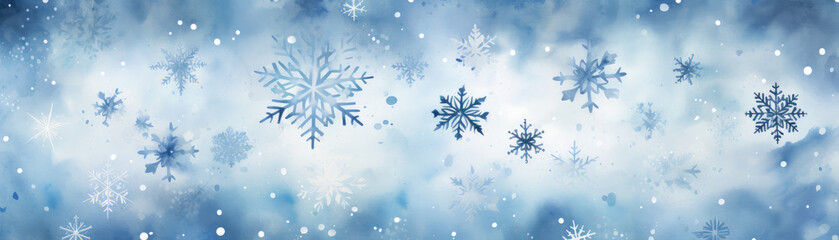 Fototapeta na wymiar Watercolor Winter Wonderland: Snowflake Banner Wallpaper