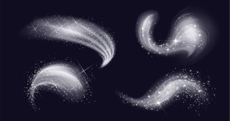 White swirl fragrance wind spraying with glow effect and snow particles. Realistic vector illustration set of cold fresh breeze spray stream motion with snowflakes and bright luminous sparkles.