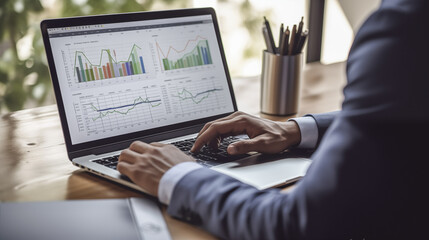 Cropped photo of businessman analyzing business diagram, marketing statistics and finance market graphs on laptop monitor in the office