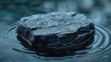 A black rock resting on the water. with ripples going out and around. for product display.