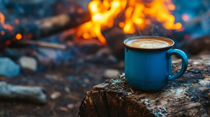 A blue cup of steaming hot coffee lies on an old log near an outdoor campfire - obrazy, fototapety, plakaty