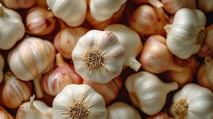 Top shot of garlics' textures in a garlic heap backdrop, big space, Generative AI.