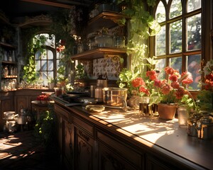Fototapeta na wymiar Kitchen with wooden countertop and pots of flowers in the foreground