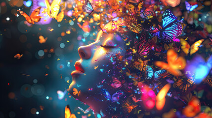 art illustration of beautiful fantasy woman with butterflies. 