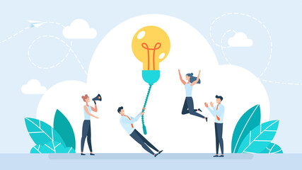 Businessman turns on light bulb. Turn on creativity, inspiration, new idea, solution or innovation to solve problem, enable knowledge or creativity concept. Happy tiny characters. Flat illustration