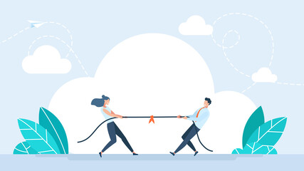 Tug of war. Man and woman are pulling rope. Couple quarrel. Business competitive concept. Couple quarrel. Gender conflict. Psychology of relationships. Trendy flat style illustration