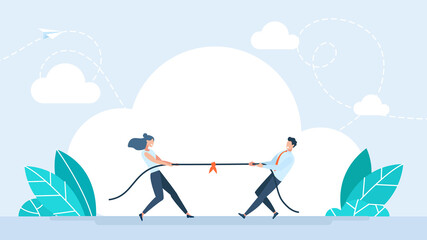 Tug of war. Man and woman are pulling rope. Couple quarrel. Business competitive concept. Couple quarrel. Gender conflict. Psychology of relationships. Trendy flat style illustration © Yurii