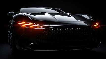 Naklejka premium Racing sports car on neon highway. Powerful acceleration of a supercar on a night track with colorful lights and tracks. Blur at high speed. The light trail from the headlights.