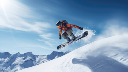 Naklejka na ściany i meble Snowboarder in Flight with Mountains and Sun in Background Wearing Helmet and Goggles